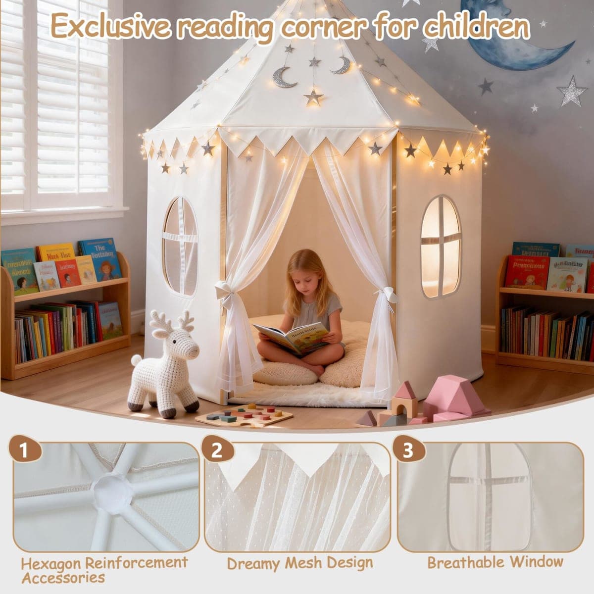White Kids Play Tent for Girls: Hexagon Kids Indoor Outdoor Playhouse, Soft Peach Skin Fabric Castle Tent for Baby Toddler - Children Play House Toys for Birthday thumbnail 5
