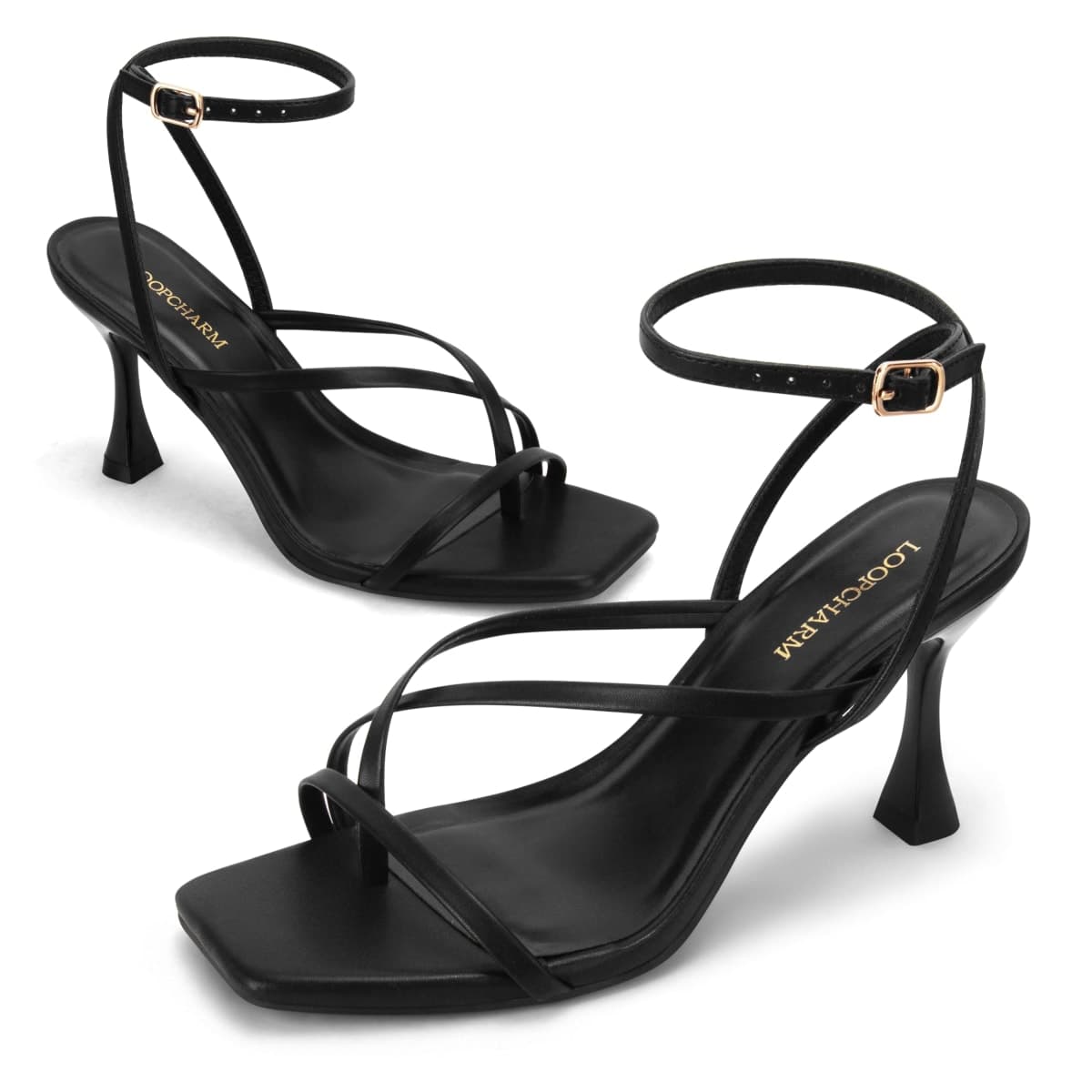 LOOPCHARM Women's Kitten Heel Sandals Strappy Square Open Toe Buckle Ankle Strap Shoes for Weddings,Parties and Casual Outdoor, Black Pu, 8 thumbnail 5