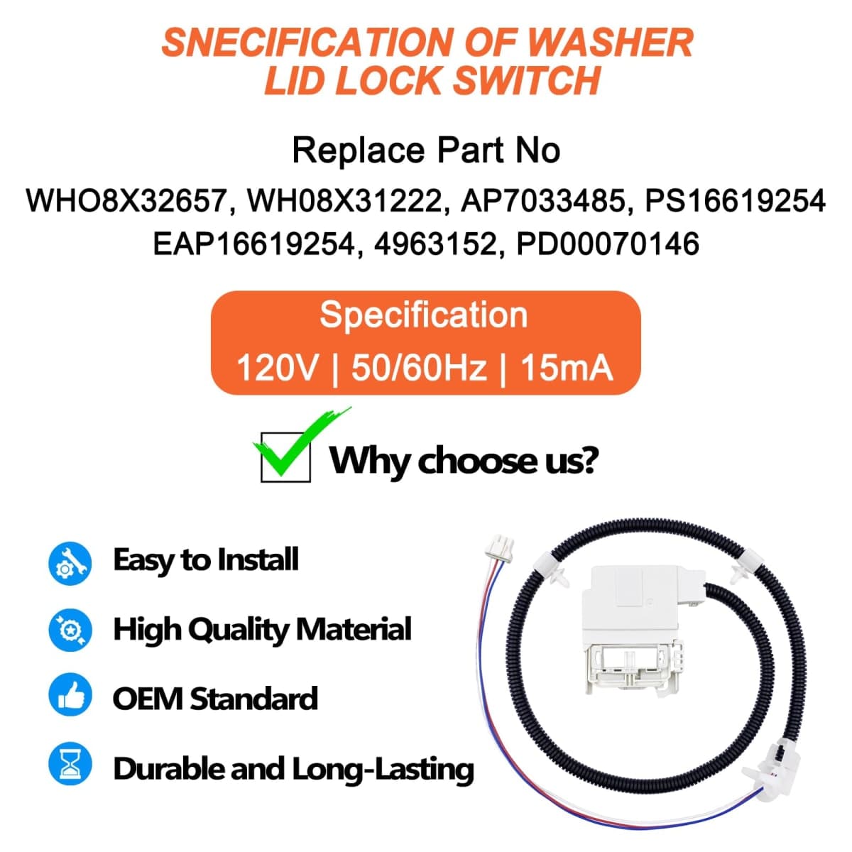 WH08X32657 Lock and Harness for GE, Replaces WH08X31222 4963152 AP7033485 PD00070146 PS16619254, for Model GTW335ASN2WW GTW465ASASASASAS. ASASN9W W HTHTHTHTW240ASK6WS GTW220ACK7WW thumbnail 2