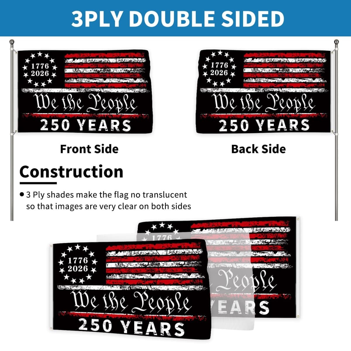 Probsin 250 3x5ft Double Sided 3 Ply American Flag 250 Years of Freedom We The People 1776-2026 Patriotic Sign Hanging Decor Room Home Welcome Photo Background with Brass Grommets thumbnail 2