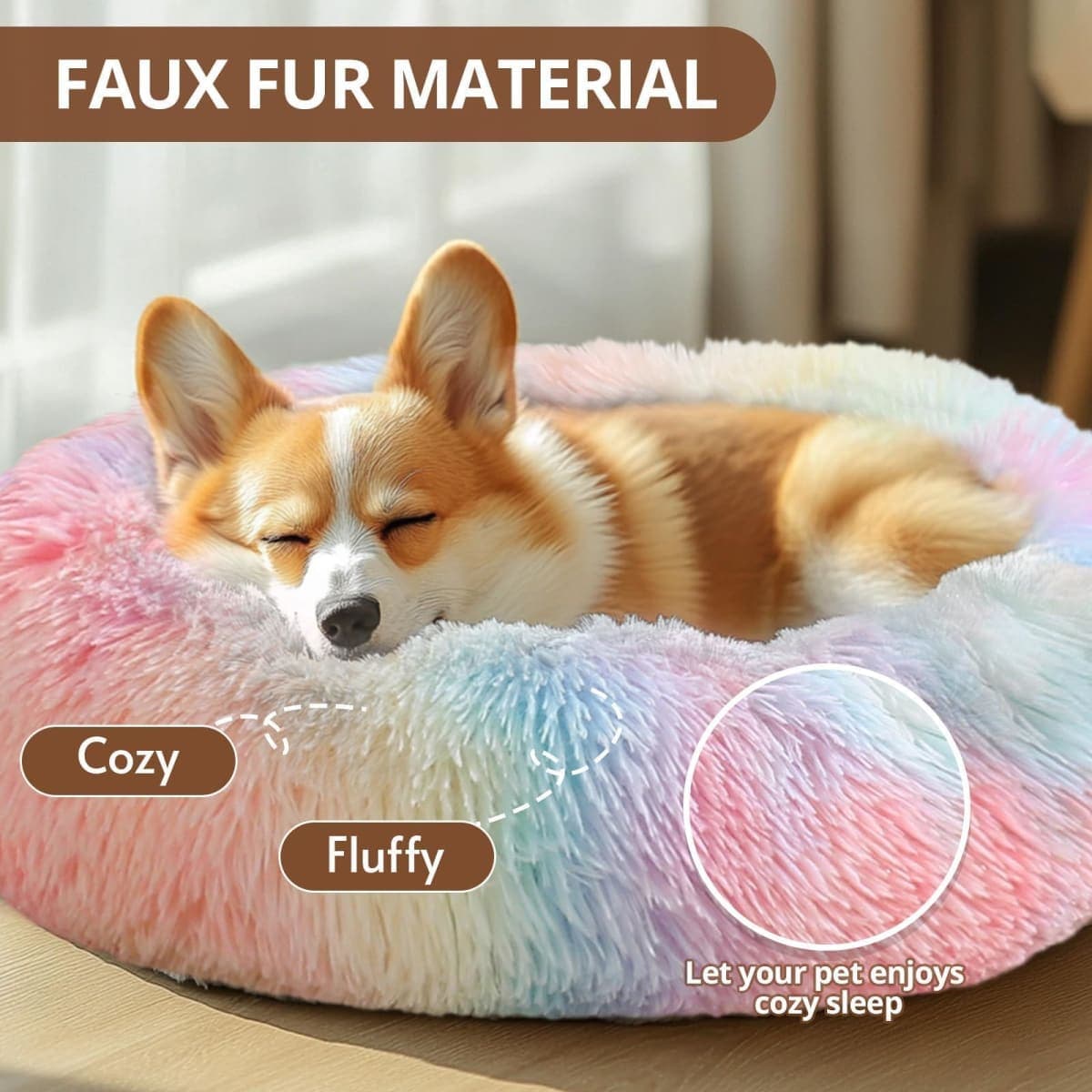 JOLLYVOGUE Calming Dog Bed for Small Dogs - 23 inches Donut Washable Small Dog Bed for Kittens & Puppies, Anti-Slip Round Fluffy Plush Faux Fur Cat Beds (Fits up to 25 lbs Pets, Rainbow) thumbnail 2