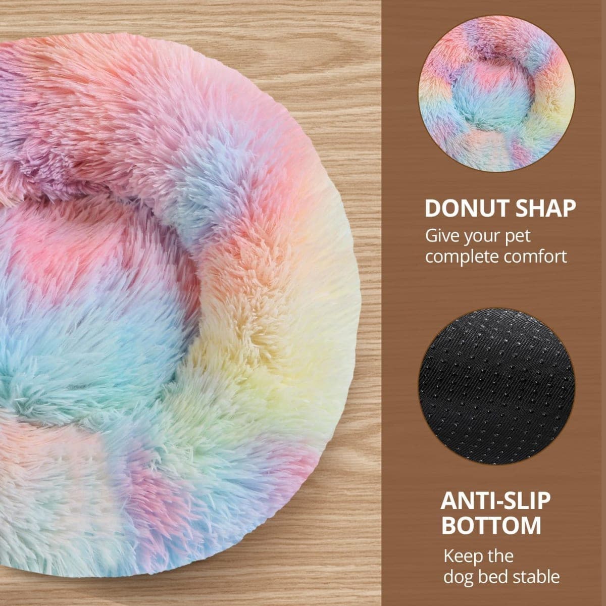 JOLLYVOGUE Calming Dog Bed for Small Dogs - 23 inches Donut Washable Small Dog Bed for Kittens & Puppies, Anti-Slip Round Fluffy Plush Faux Fur Cat Beds (Fits up to 25 lbs Pets, Rainbow) thumbnail 3