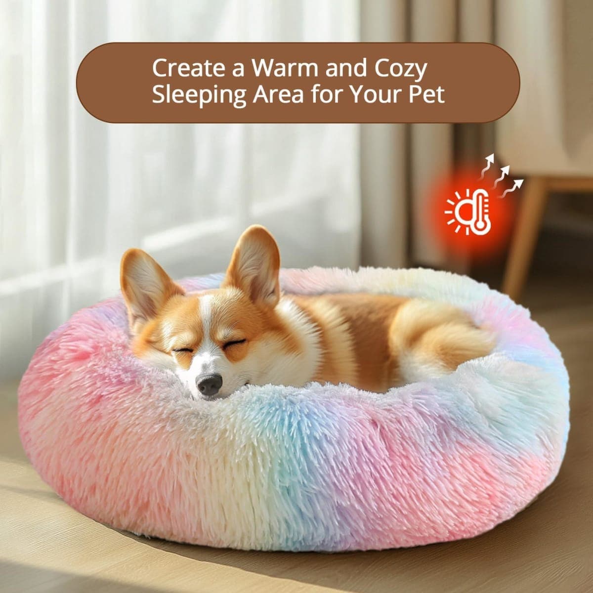 JOLLYVOGUE Calming Dog Bed for Small Dogs - 23 inches Donut Washable Small Dog Bed for Kittens & Puppies, Anti-Slip Round Fluffy Plush Faux Fur Cat Beds (Fits up to 25 lbs Pets, Rainbow) thumbnail 4