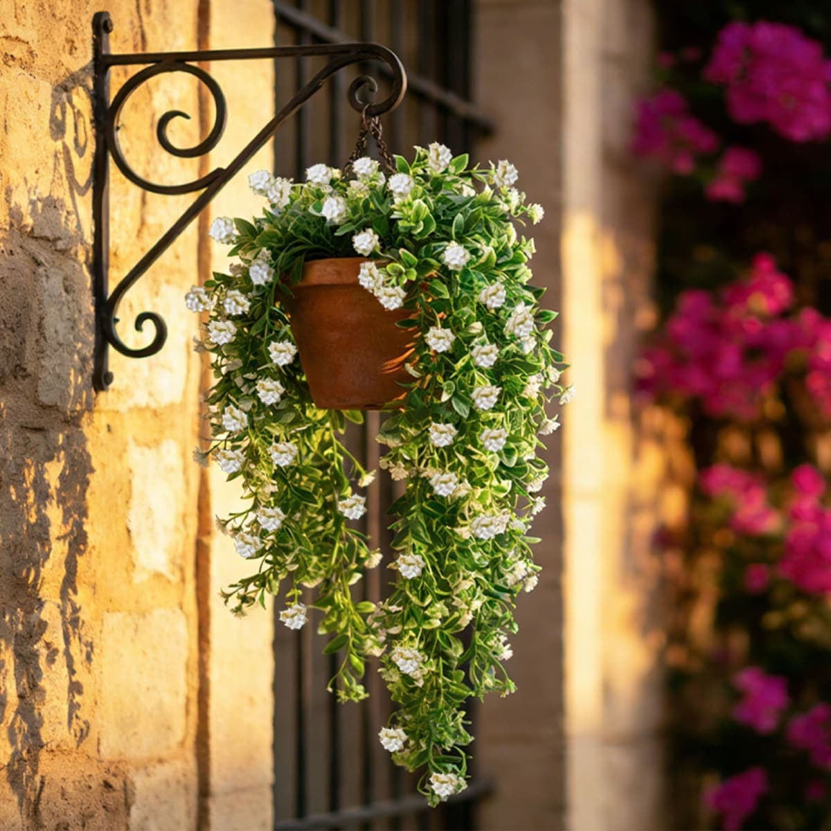 RECUTMS 2 Pack Artificial Hanging Plants for Outdoors 22.4" Fake Hanging Flowers UV-Resistant Plastic Spring Greenery Faux Vines for Hanging Baskets Garden Wedding and Home Decor (White) thumbnail 3