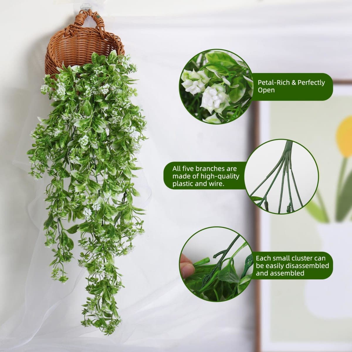 RECUTMS 2 Pack Artificial Hanging Plants for Outdoors 22.4" Fake Hanging Flowers UV-Resistant Plastic Spring Greenery Faux Vines for Hanging Baskets Garden Wedding and Home Decor (White) thumbnail 4