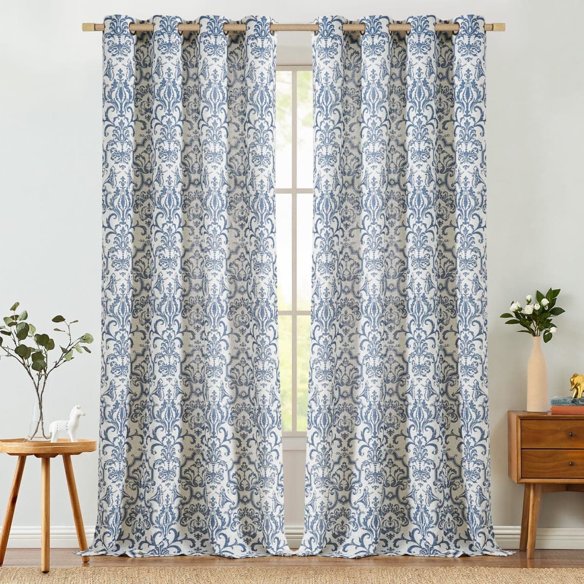 JINCHAN Linen Curtains for Living Room Slate Blue Damask Patterned Curtains 108 Inches Long for Bedroom Light Filtering Vintage Curtains Baroque Style Drapes Grommet Window Treatments 2 Panels Set