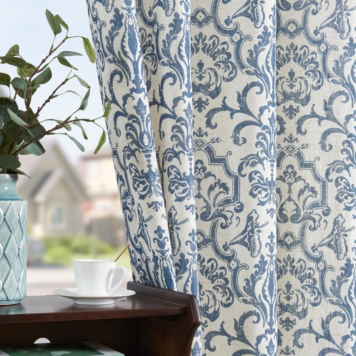 JINCHAN Linen Curtains for Living Room Slate Blue Damask Patterned Curtains 108 Inches Long for Bedroom Light Filtering Vintage Curtains Baroque Style Drapes Grommet Window Treatments 2 Panels Set thumbnail 2