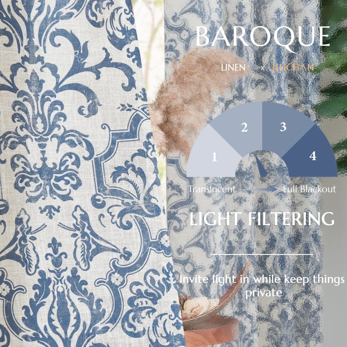 JINCHAN Linen Curtains for Living Room Slate Blue Damask Patterned Curtains 108 Inches Long for Bedroom Light Filtering Vintage Curtains Baroque Style Drapes Grommet Window Treatments 2 Panels Set thumbnail 3