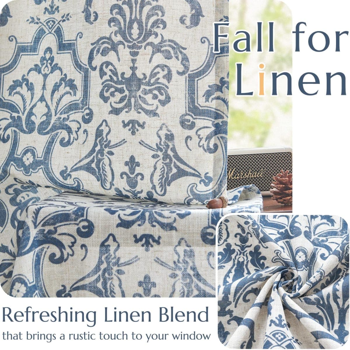 JINCHAN Linen Curtains for Living Room Slate Blue Damask Patterned Curtains 108 Inches Long for Bedroom Light Filtering Vintage Curtains Baroque Style Drapes Grommet Window Treatments 2 Panels Set thumbnail 4