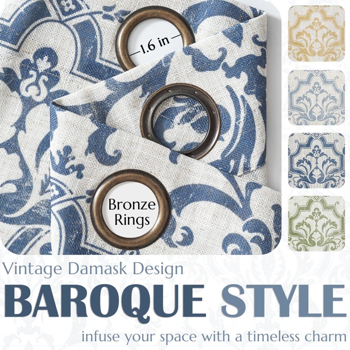 JINCHAN Linen Curtains for Living Room Slate Blue Damask Patterned Curtains 108 Inches Long for Bedroom Light Filtering Vintage Curtains Baroque Style Drapes Grommet Window Treatments 2 Panels Set thumbnail 5