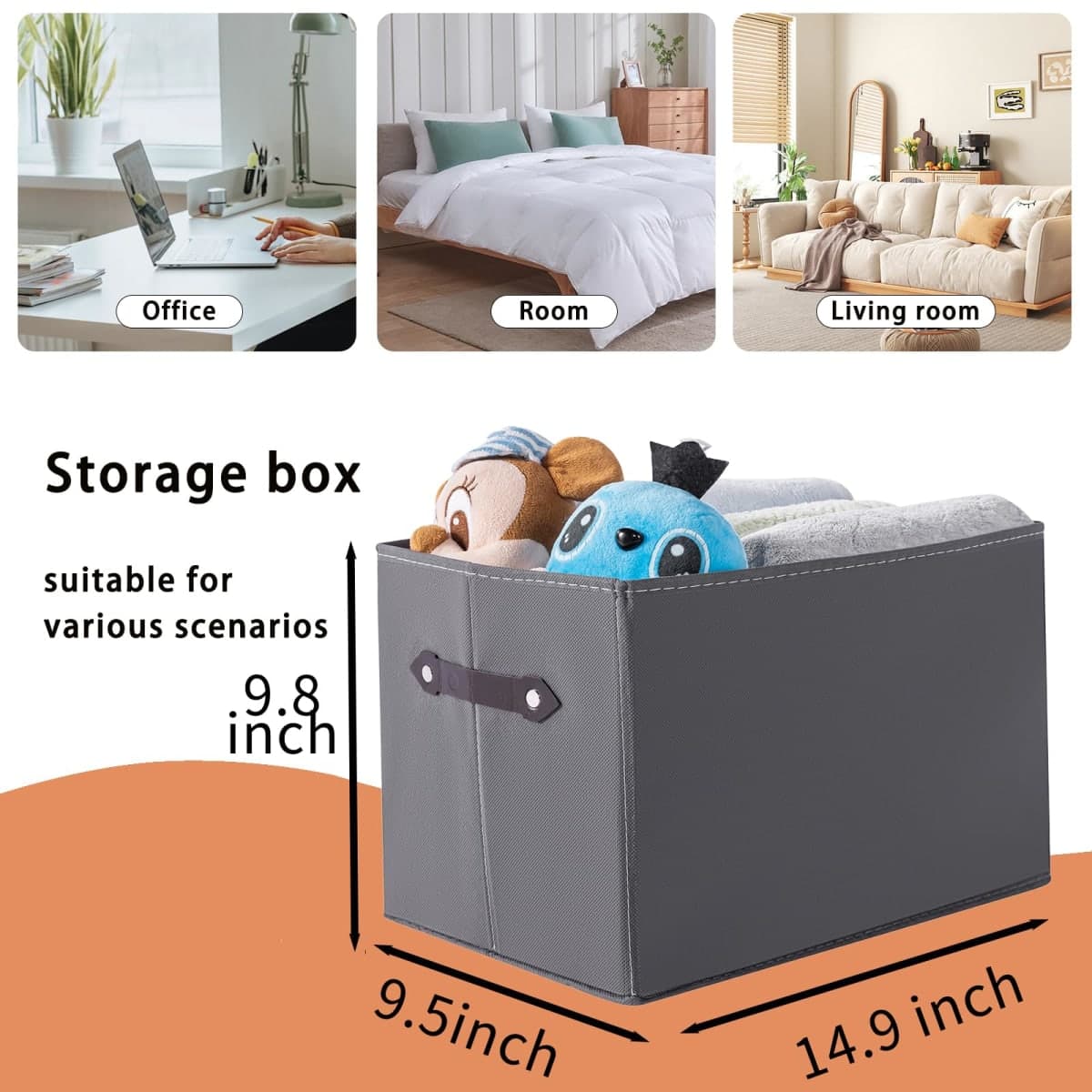 Yunkeeper 1 Pack Large Collapsible Storage Baskets for Shelves,14.9"x9.5" Fabric Closet storage Boxes with Leather Handles,Decorative Organizers Storage Bins for Clothes,Sheets,Toys,Books,(Gray) thumbnail 2