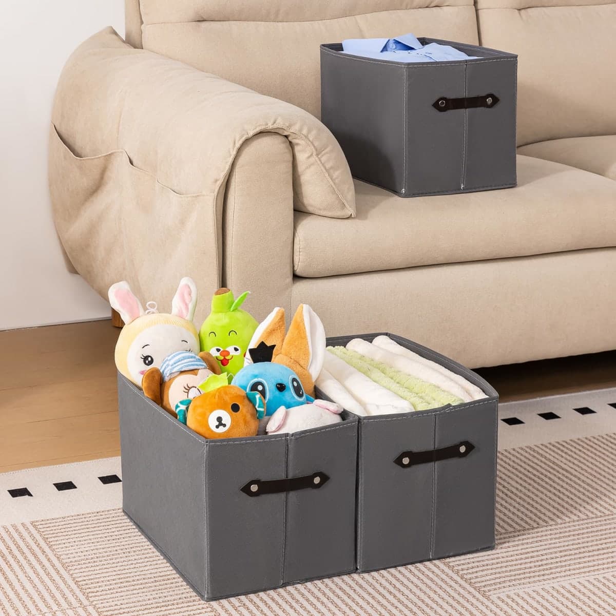 Yunkeeper 1 Pack Large Collapsible Storage Baskets for Shelves,14.9"x9.5" Fabric Closet storage Boxes with Leather Handles,Decorative Organizers Storage Bins for Clothes,Sheets,Toys,Books,(Gray) thumbnail 4