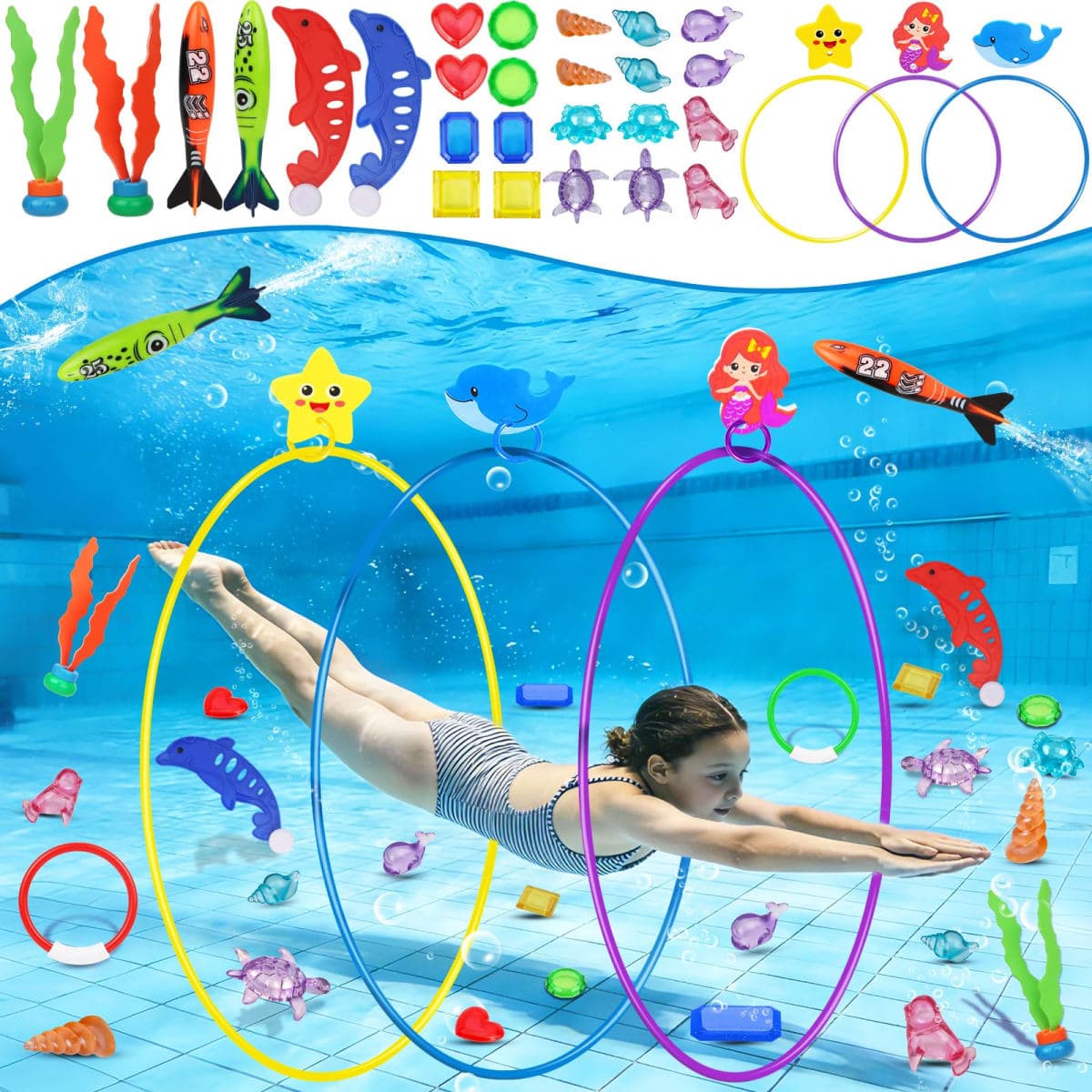 Airyard Pool Toys Diving Rings for Kids 31 PCS Underwater Swim Rings and Diving Game Set Fun Pool Game Backyard Summer Water Toys for Birthday Party Toddlers Kids Teens Adults — image 1