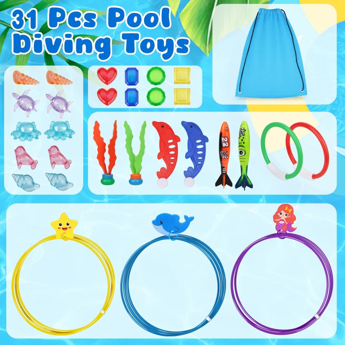 Airyard Pool Toys Diving Rings for Kids 31 PCS Underwater Swim Rings and Diving Game Set Fun Pool Game Backyard Summer Water Toys for Birthday Party Toddlers Kids Teens Adults thumbnail 4
