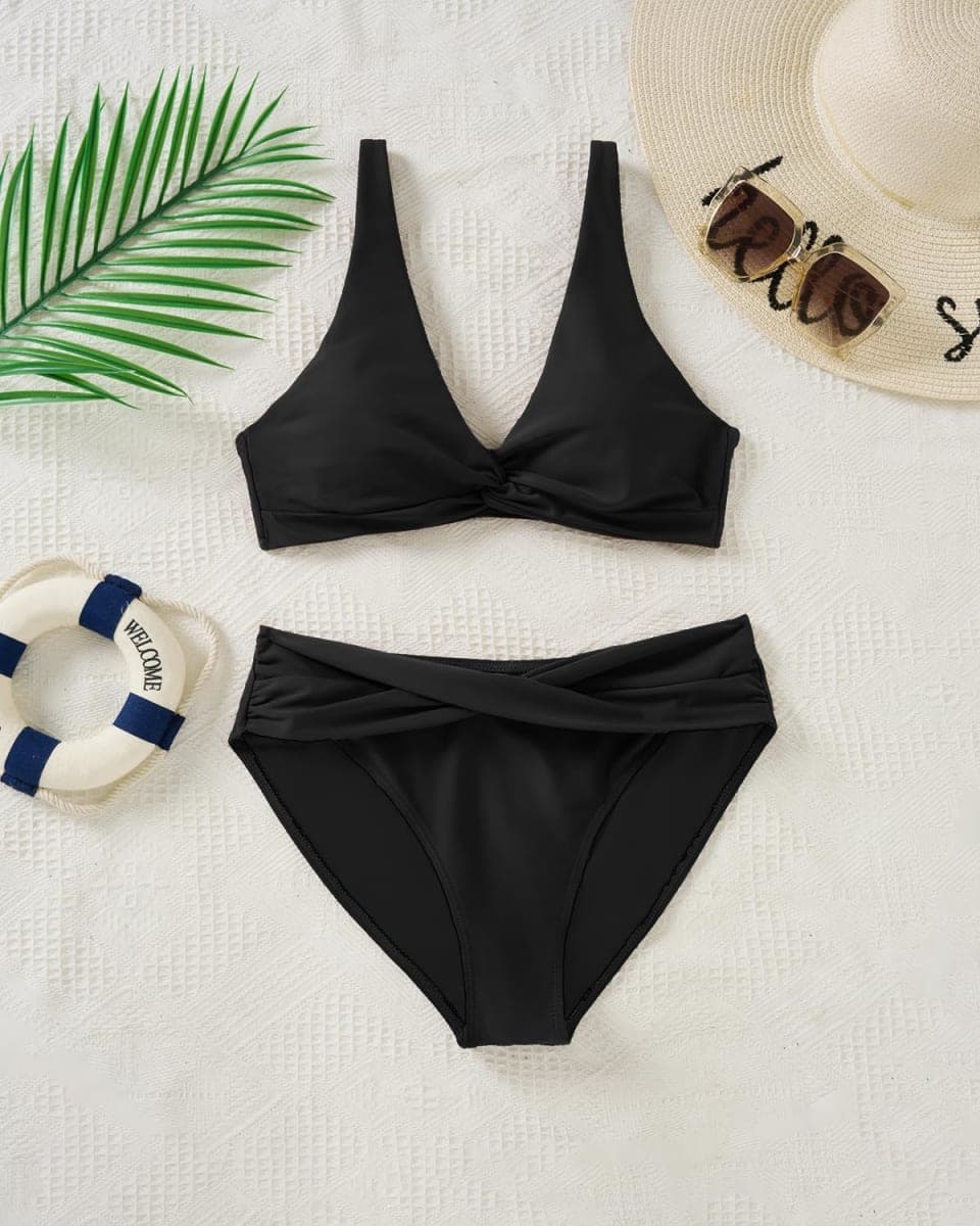 Yonique Women Two Piece Swimsuit - Knot Twist Bikini Set V Cut Bathing Suit 2026 Teen Bikini, Black, Large thumbnail 3