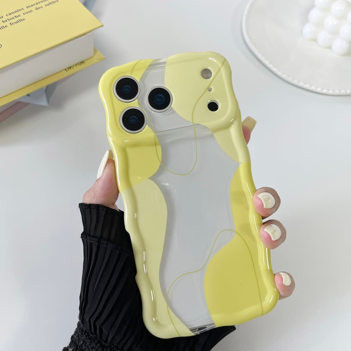 DEFBSC for iPhone 17 Pro Max Case,Cute Clear Wavy Art Design Aesthetic Pattern Phone Case for Women Girls,Wave Frame Durable Protective Cover Full Camera Protection Bumper for iPhone 17 Pro Max,Yellow thumbnail 4