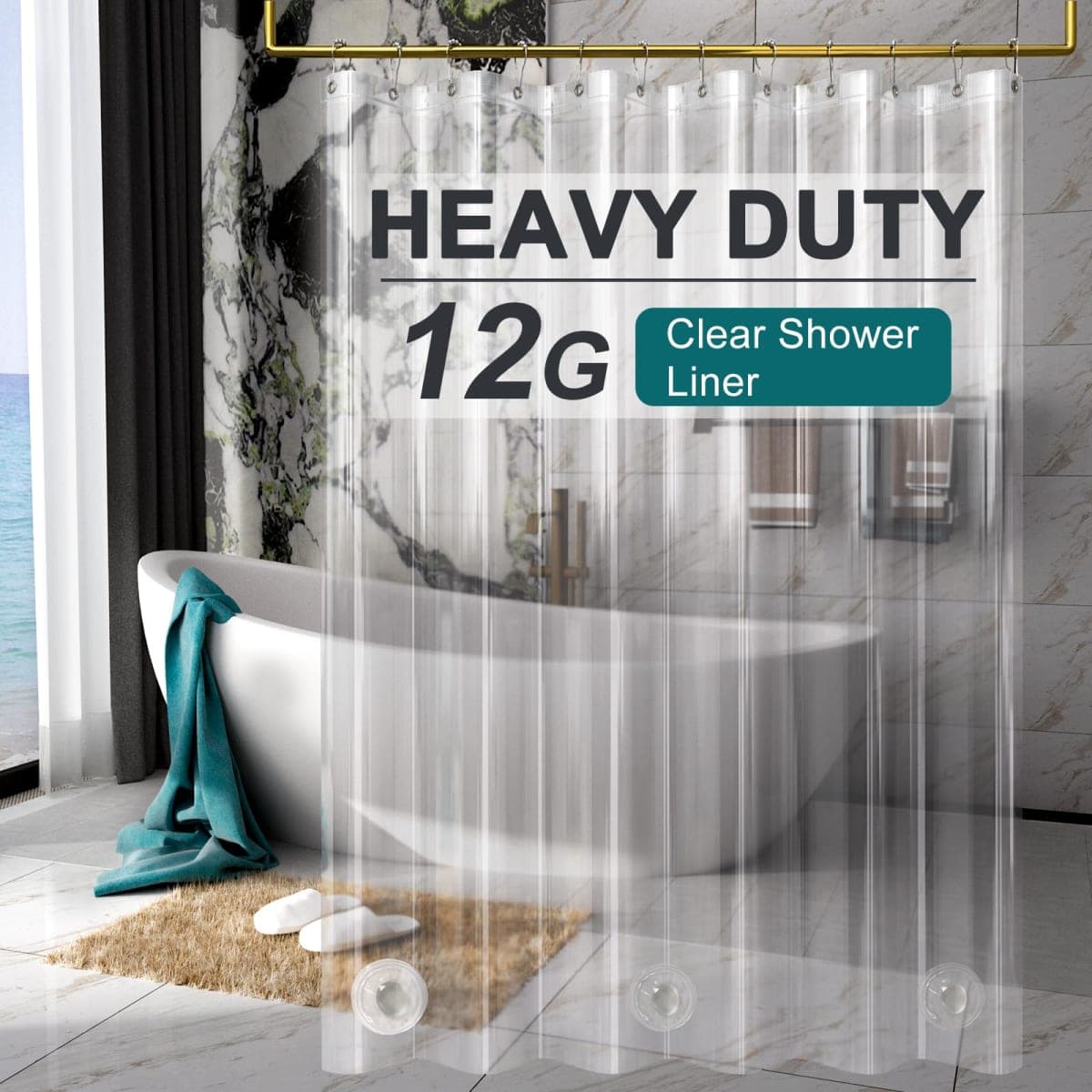 AmazerBath Heavy Duty Shower Curtain Liner 12 Gauge, 72 x 84 Inches Clear Shower Curtain Liner with 3 Clear Stones and 12 Grommet Holes, Weighted Plastic Shower Liner — image 1