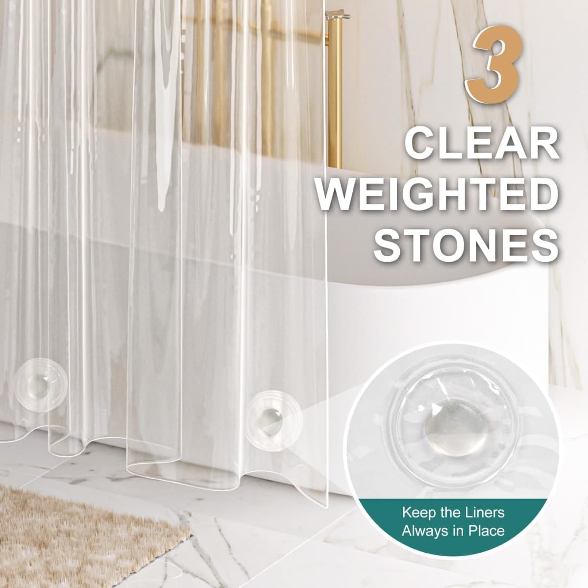 AmazerBath Heavy Duty Shower Curtain Liner 12 Gauge, 72 x 84 Inches Clear Shower Curtain Liner with 3 Clear Stones and 12 Grommet Holes, Weighted Plastic Shower Liner thumbnail 4