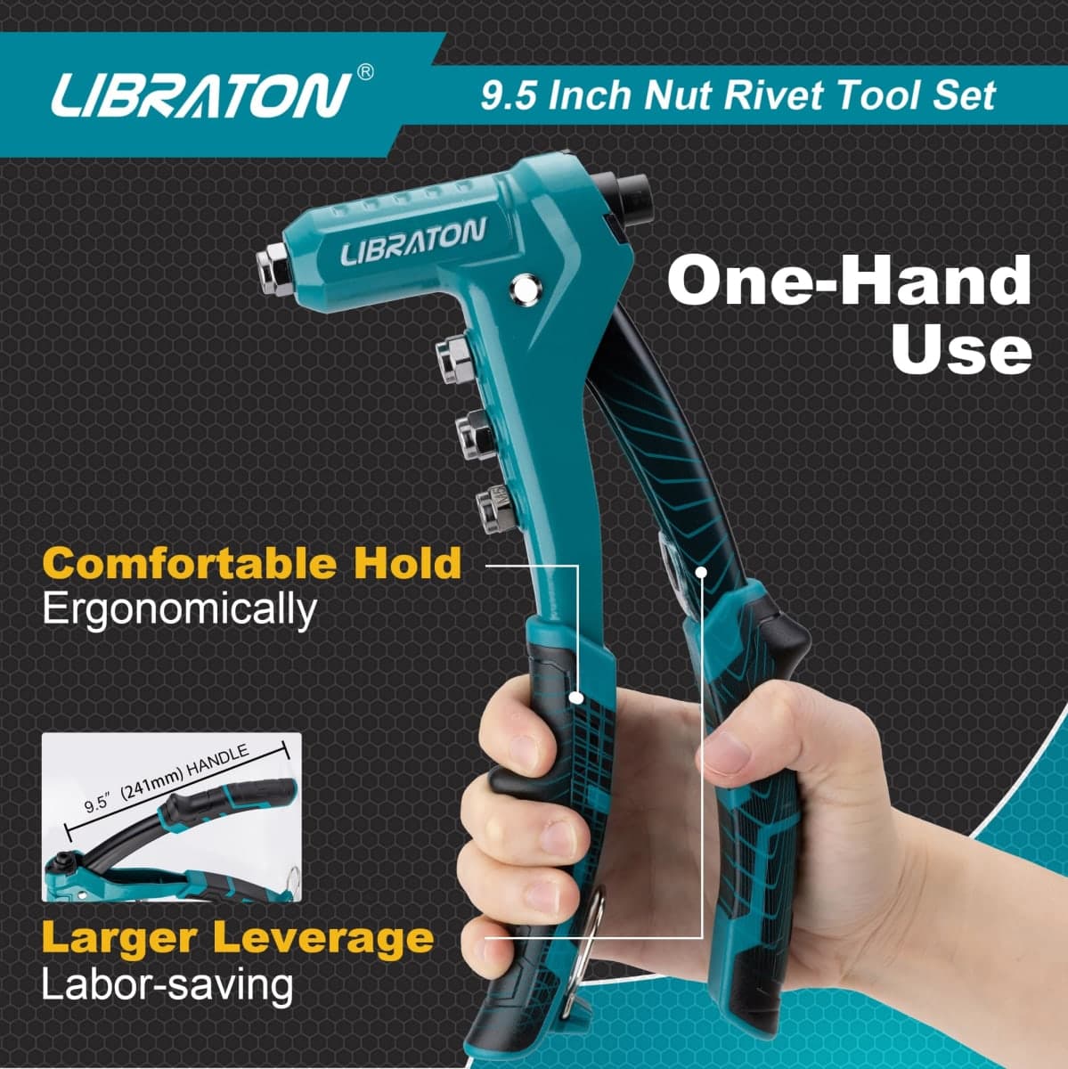 LIBRATON 9.5" Rivet Nut Tool, One-Handed Rivet Nut Gun, Hand Rivet Nut Tool Kit with 80PCS Threaded Rivet Nuts, 8PCS Interchangeable Mandrels, Metric M3-M6, SAE 6-32" to 1/4-20", with Carrying Case thumbnail 2
