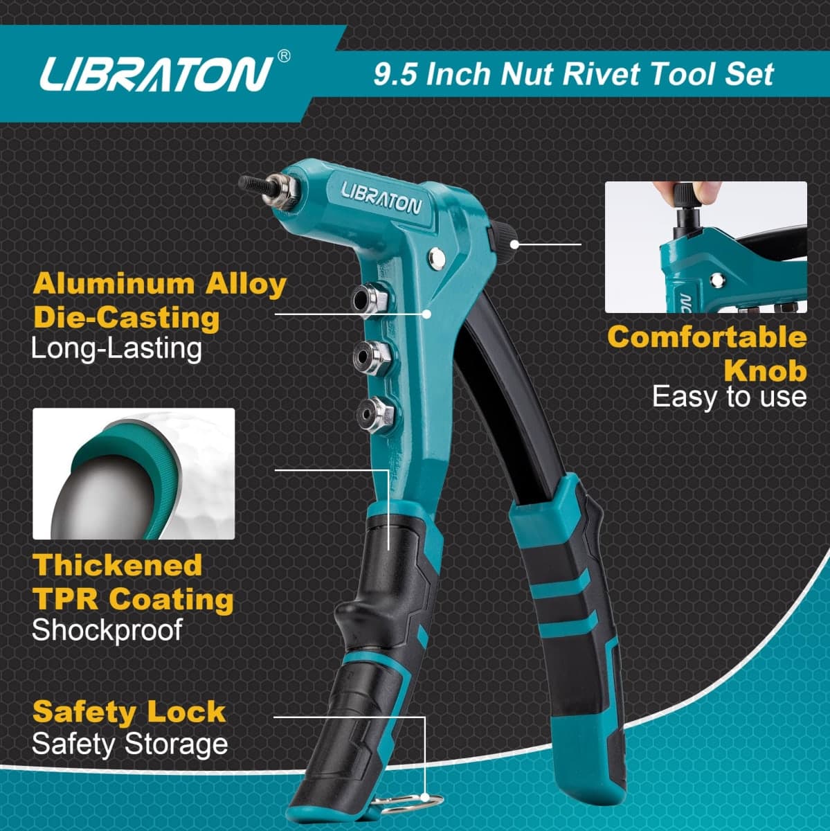 LIBRATON 9.5" Rivet Nut Tool, One-Handed Rivet Nut Gun, Hand Rivet Nut Tool Kit with 80PCS Threaded Rivet Nuts, 8PCS Interchangeable Mandrels, Metric M3-M6, SAE 6-32" to 1/4-20", with Carrying Case thumbnail 3