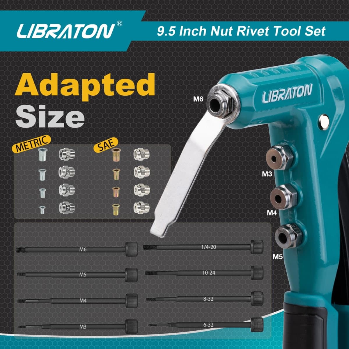 LIBRATON 9.5" Rivet Nut Tool, One-Handed Rivet Nut Gun, Hand Rivet Nut Tool Kit with 80PCS Threaded Rivet Nuts, 8PCS Interchangeable Mandrels, Metric M3-M6, SAE 6-32" to 1/4-20", with Carrying Case thumbnail 4