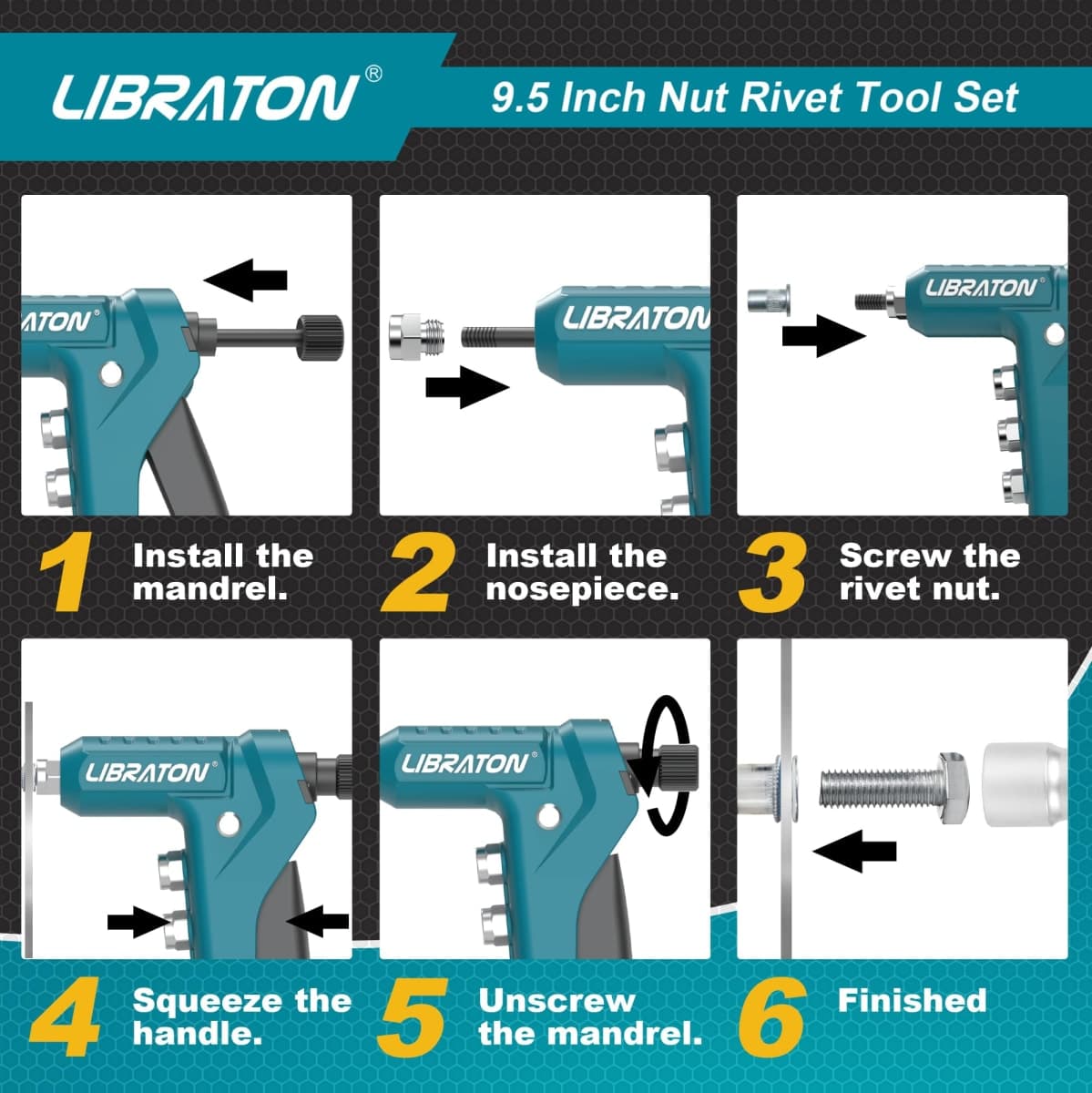 LIBRATON 9.5" Rivet Nut Tool, One-Handed Rivet Nut Gun, Hand Rivet Nut Tool Kit with 80PCS Threaded Rivet Nuts, 8PCS Interchangeable Mandrels, Metric M3-M6, SAE 6-32" to 1/4-20", with Carrying Case thumbnail 5