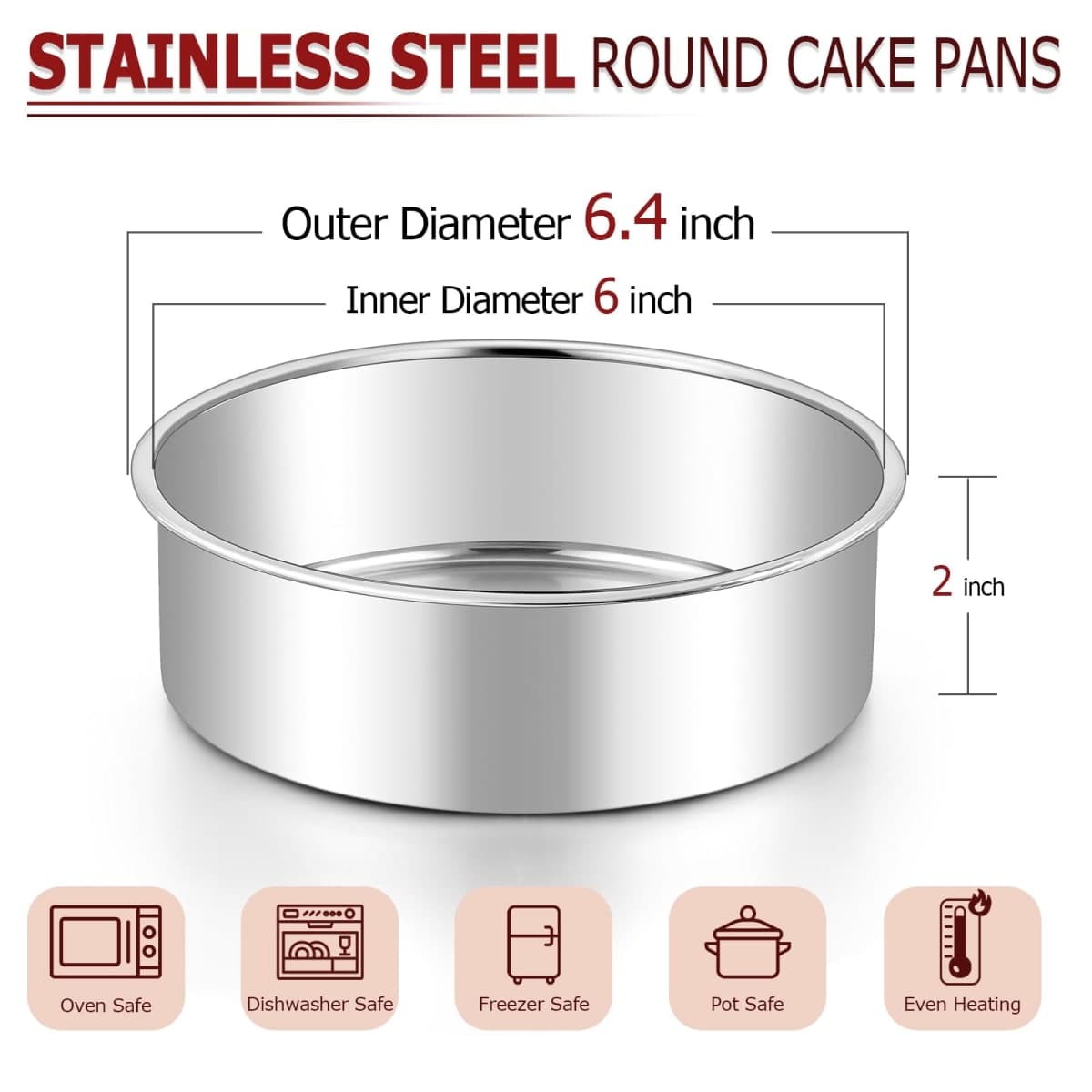 LIANYU 6 Inch Cake Pan Set of 3, Stainless Steel Round Smash Cake Baking Pans Tins, Bakeware for Birthday Wedding Party, Leak-proof & Mirror Finish, Dishwasher Safe thumbnail 2