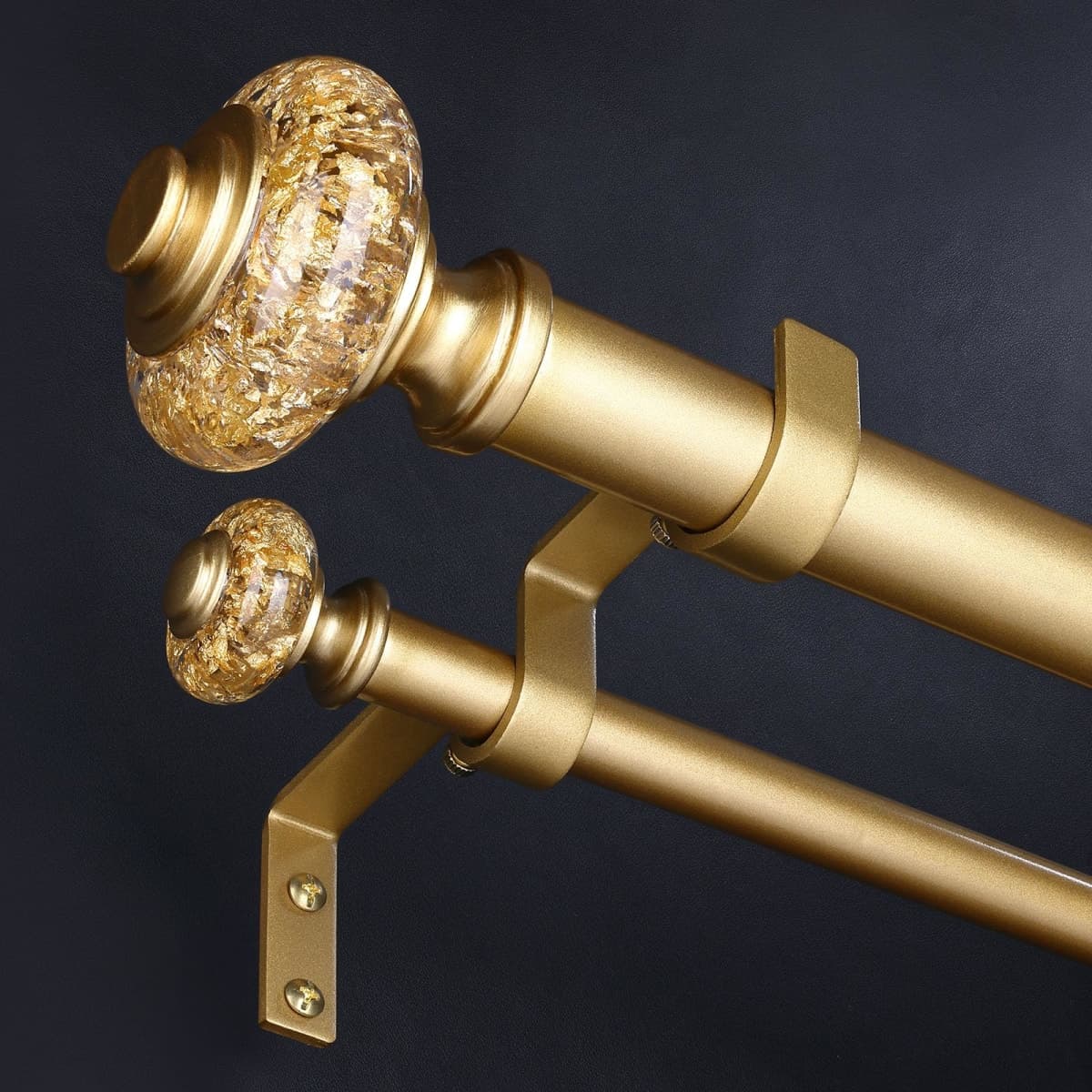 Gold Double Curtain Rods for Windows 66 to 120 Inch, 1 Inch Adjustable Decorative Crystal Long Dual Curtain Rod, Heavy Duty Vintage Double Drapery Pole with Gold Foil Finials for Living Room — image 1