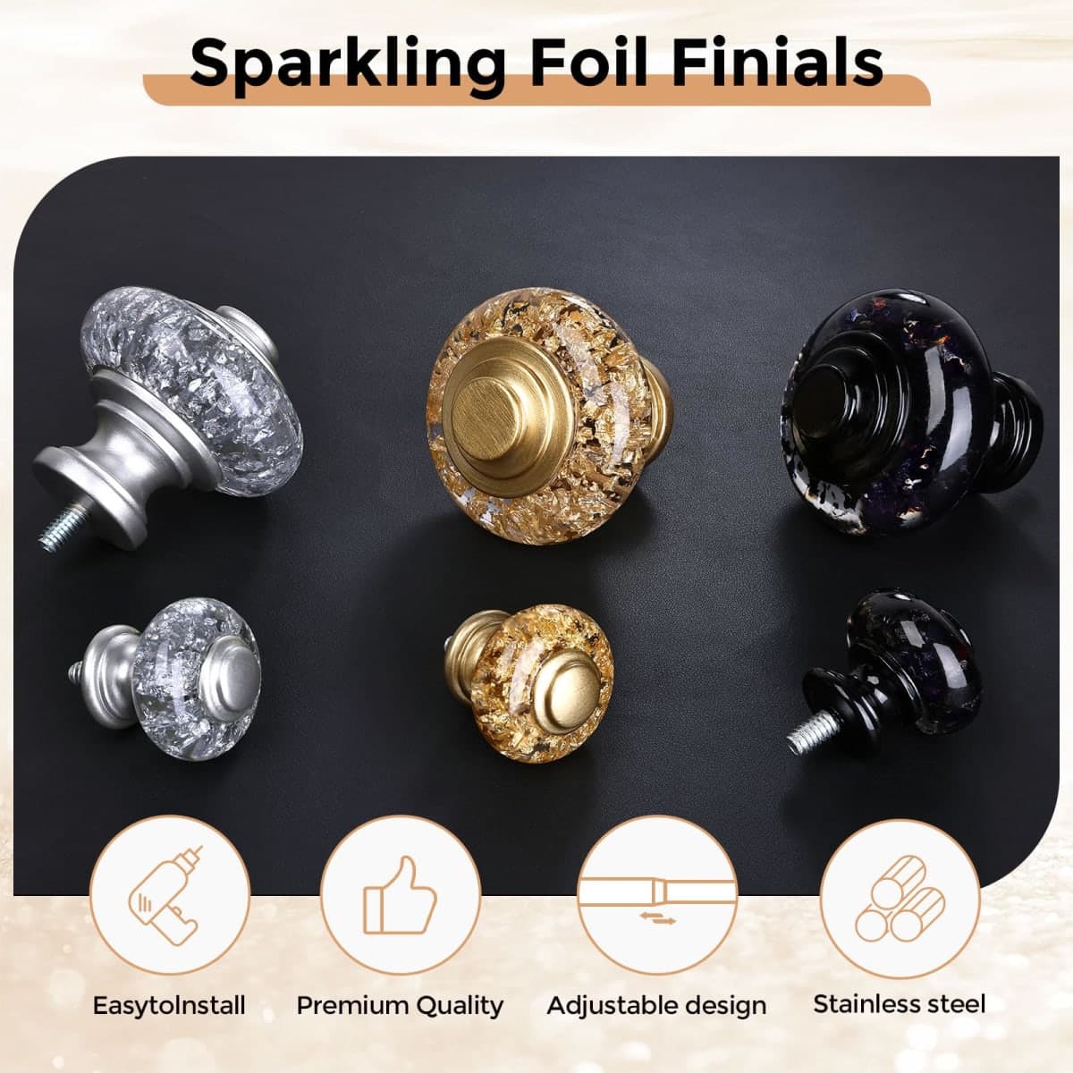 Gold Double Curtain Rods for Windows 66 to 120 Inch, 1 Inch Adjustable Decorative Crystal Long Dual Curtain Rod, Heavy Duty Vintage Double Drapery Pole with Gold Foil Finials for Living Room thumbnail 2