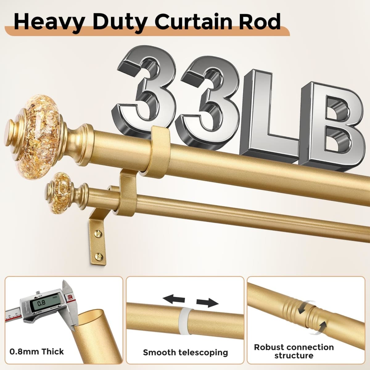 Gold Double Curtain Rods for Windows 66 to 120 Inch, 1 Inch Adjustable Decorative Crystal Long Dual Curtain Rod, Heavy Duty Vintage Double Drapery Pole with Gold Foil Finials for Living Room thumbnail 3