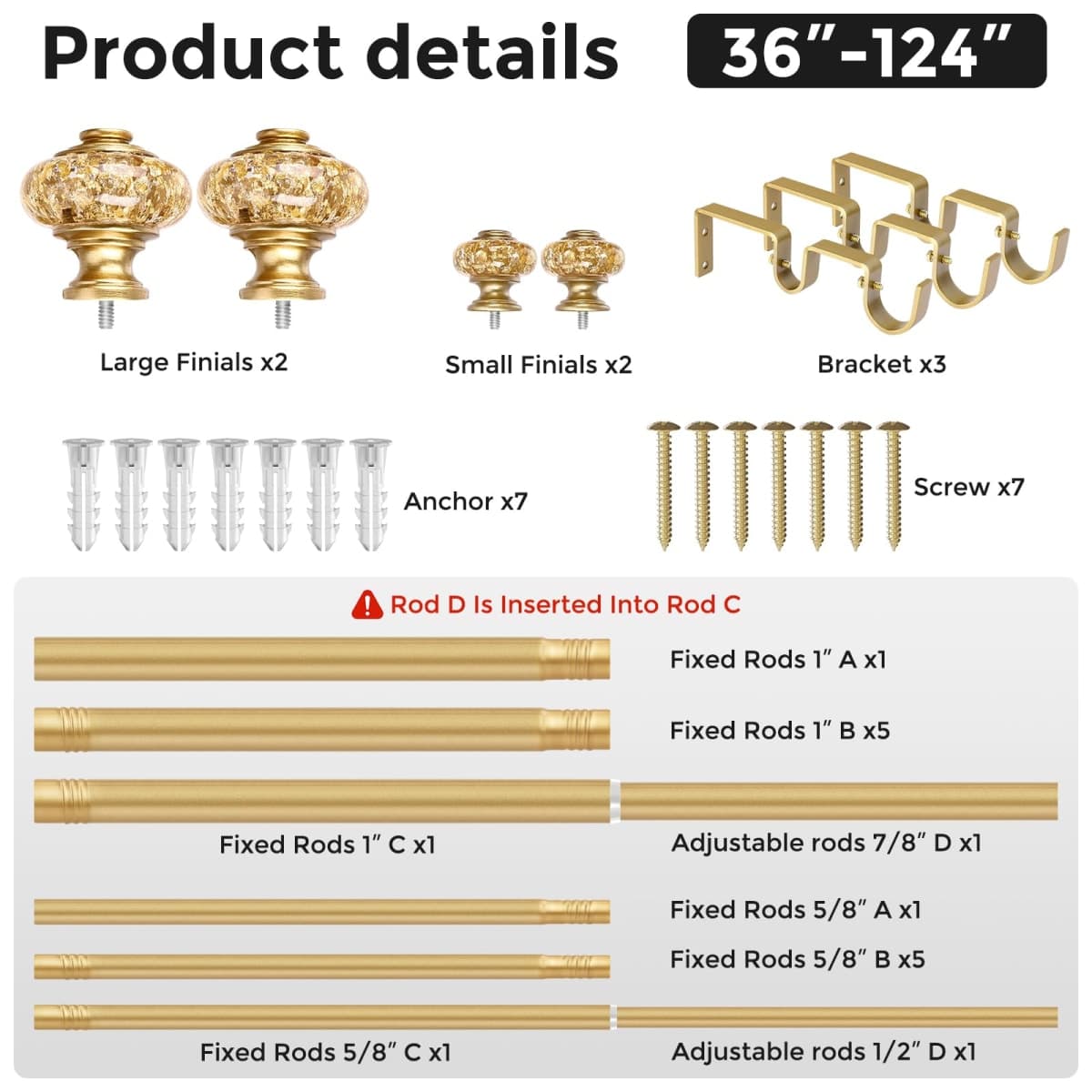 Gold Double Curtain Rods for Windows 66 to 120 Inch, 1 Inch Adjustable Decorative Crystal Long Dual Curtain Rod, Heavy Duty Vintage Double Drapery Pole with Gold Foil Finials for Living Room thumbnail 5