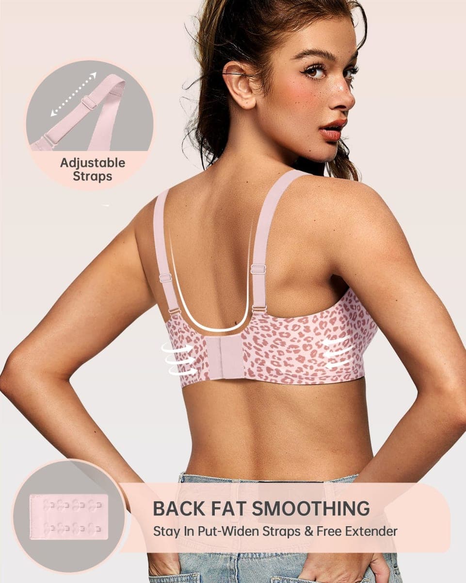 OEAK Womens Deep V Bras Wireless Comfortable Bra Supportive No Underwire Bras Tshirt Push Up Bralettes Plunge Seamless Bra, Leopard Pink, Large thumbnail 3