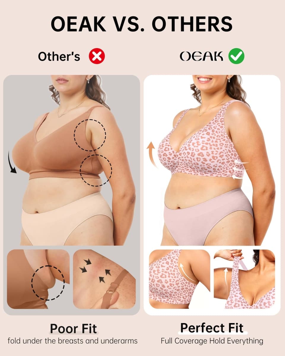 OEAK Womens Deep V Bras Wireless Comfortable Bra Supportive No Underwire Bras Tshirt Push Up Bralettes Plunge Seamless Bra, Leopard Pink, Large thumbnail 4