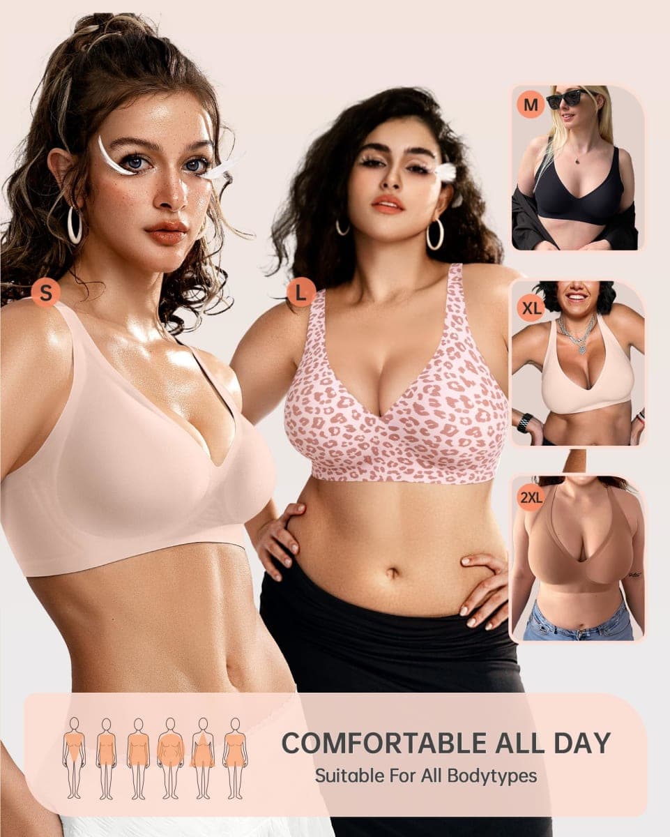 OEAK Womens Deep V Bras Wireless Comfortable Bra Supportive No Underwire Bras Tshirt Push Up Bralettes Plunge Seamless Bra, Leopard Pink, Large thumbnail 5