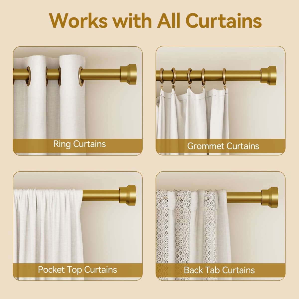 Curtain Rod 32-118 Inch, Heavy Duty 1 Inch Adjustable Curtain Rods for Windows, Gold Long Window Treatment Rods, Modern Design, Easy Installation thumbnail 5