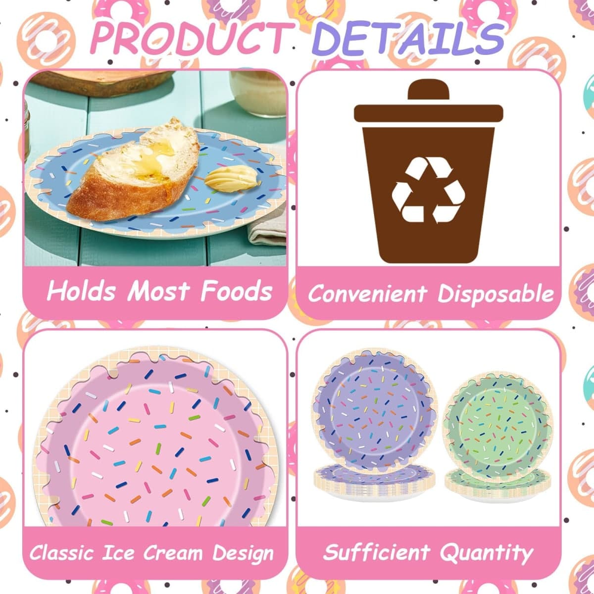 96Pcs Ice Cream Party Decorations Sweet One Birthday Plates Tableware Set Colorful Sprinkle Dessert Theme Dinner Paper Plates Napkins Donut Theme Dinnerware for Girls Baby Shower Party Supplies Favors thumbnail 3