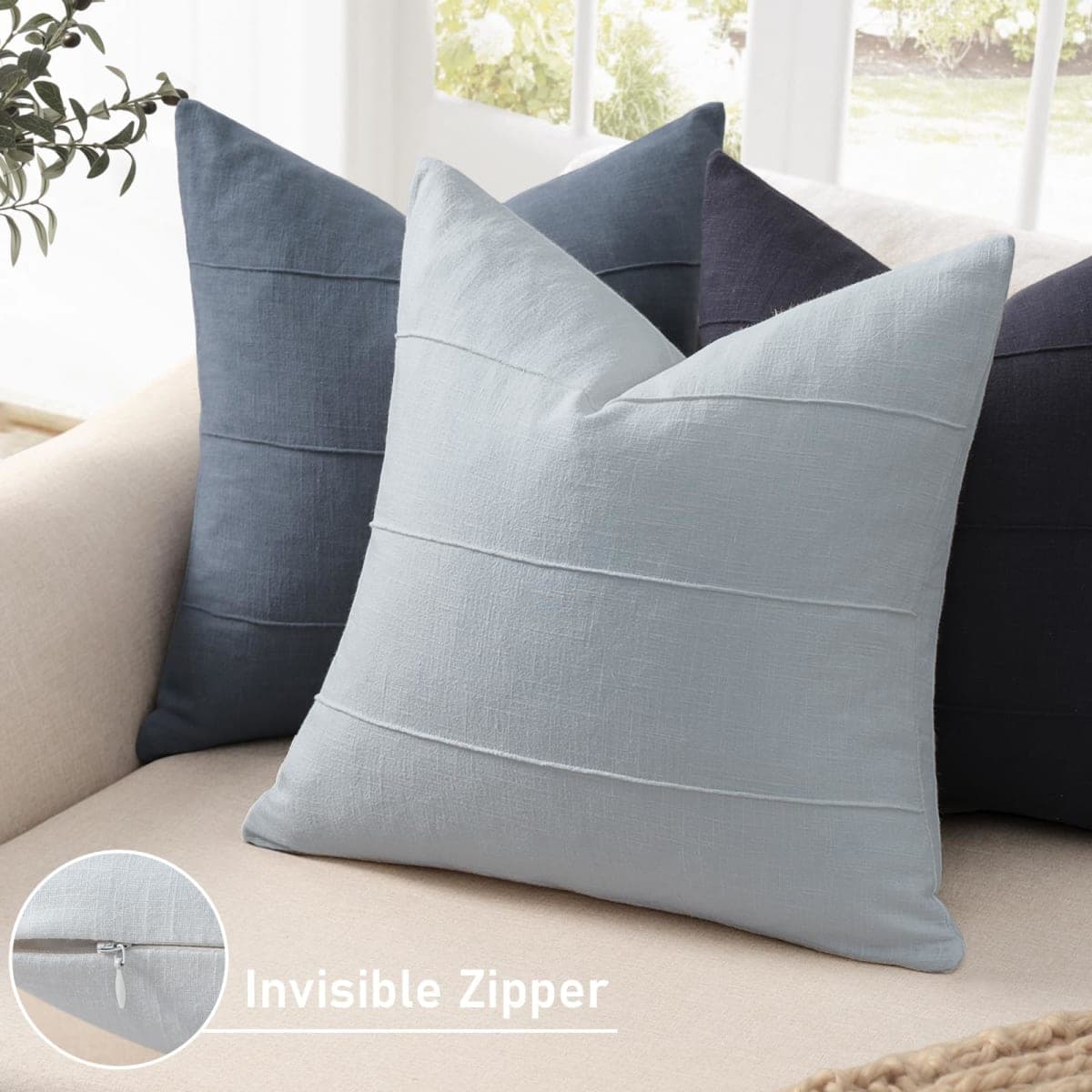 ZWJD Decorative Linen Throw Pillow Covers 16x16 Set of 2 Solid Handcrafted Striped Cushion Covers for Bed Soft Modern Farmhouse Neutral Pillowcase for Couch Bedroom Living Room Home Decor(Sky Blue) thumbnail 2