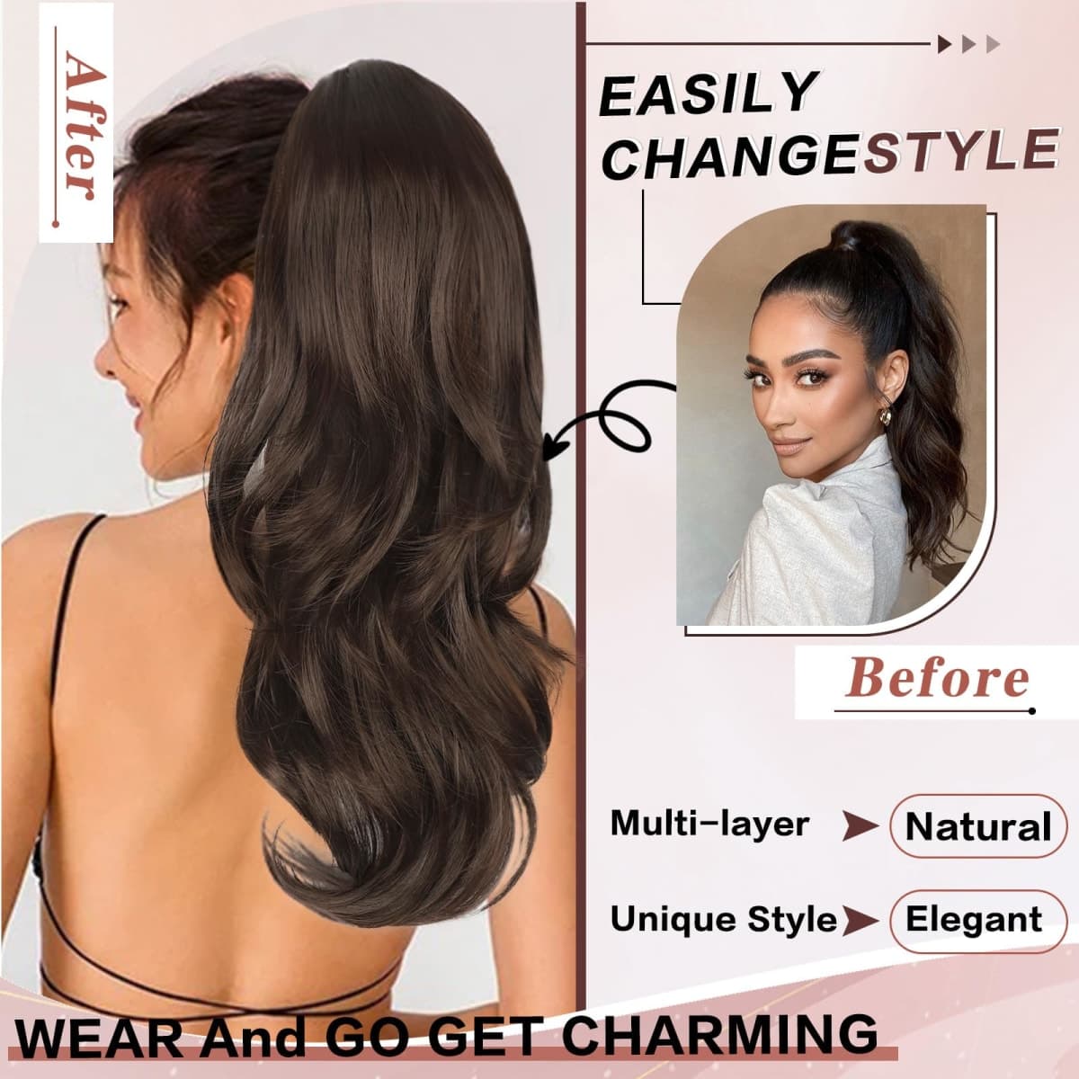 CHRSHN Ponytail Extension, Drawstring Ponytail Extension for Women 20 Inch Long Wavy Pony Tails Hair Extensions Synthetic Clip in Ponytail Hairpiece for Women(Medium Brown) thumbnail 3