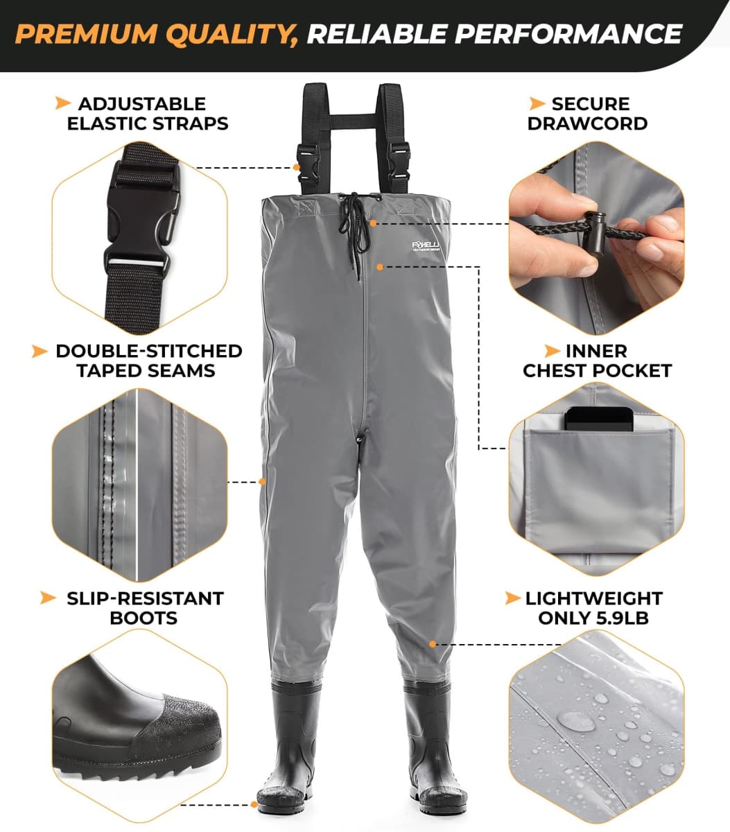 Foxelli Chest Waders - Durable & Lightweight Fishing Waders for Men & Women with Boots, 2-ply Nylon/PVC Waterproof BootFoot Chest Waders thumbnail 4