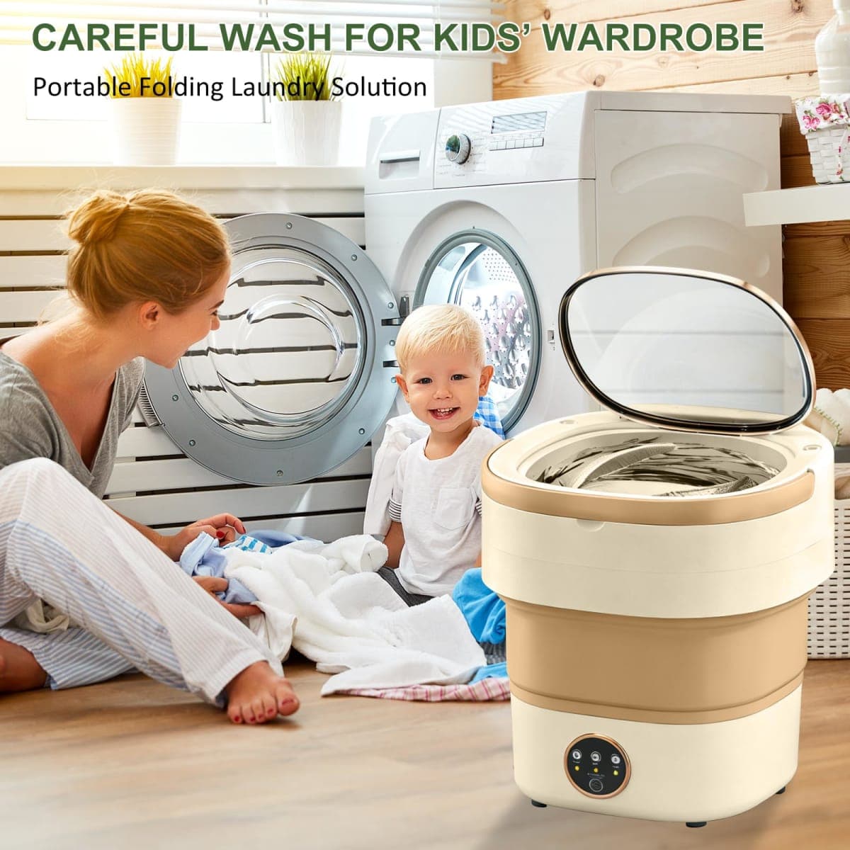 Portable Washing Machine 17L, Small Foldable Washer with Spin Basket, 3 Mode Deep Clean — Mini Laundry Machine for Travel, Dorms, Camping, Ideal for Baby Clothes, Underwear, Socks Beige thumbnail 3