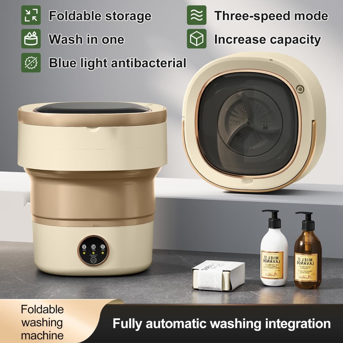 Portable Washing Machine 17L, Small Foldable Washer with Spin Basket, 3 Mode Deep Clean — Mini Laundry Machine for Travel, Dorms, Camping, Ideal for Baby Clothes, Underwear, Socks Beige thumbnail 4