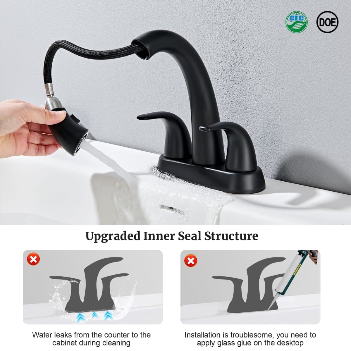 Ultimate Unicorn Matte Black Bathroom Sink Faucet - 4 Inch Centerset Pull Down Vanity Faucets 3 Hole with Pop Up Drain - Two Handle Modern Washbasin Tap Set with Pull Out Sprayer for Rv Restroom thumbnail 4