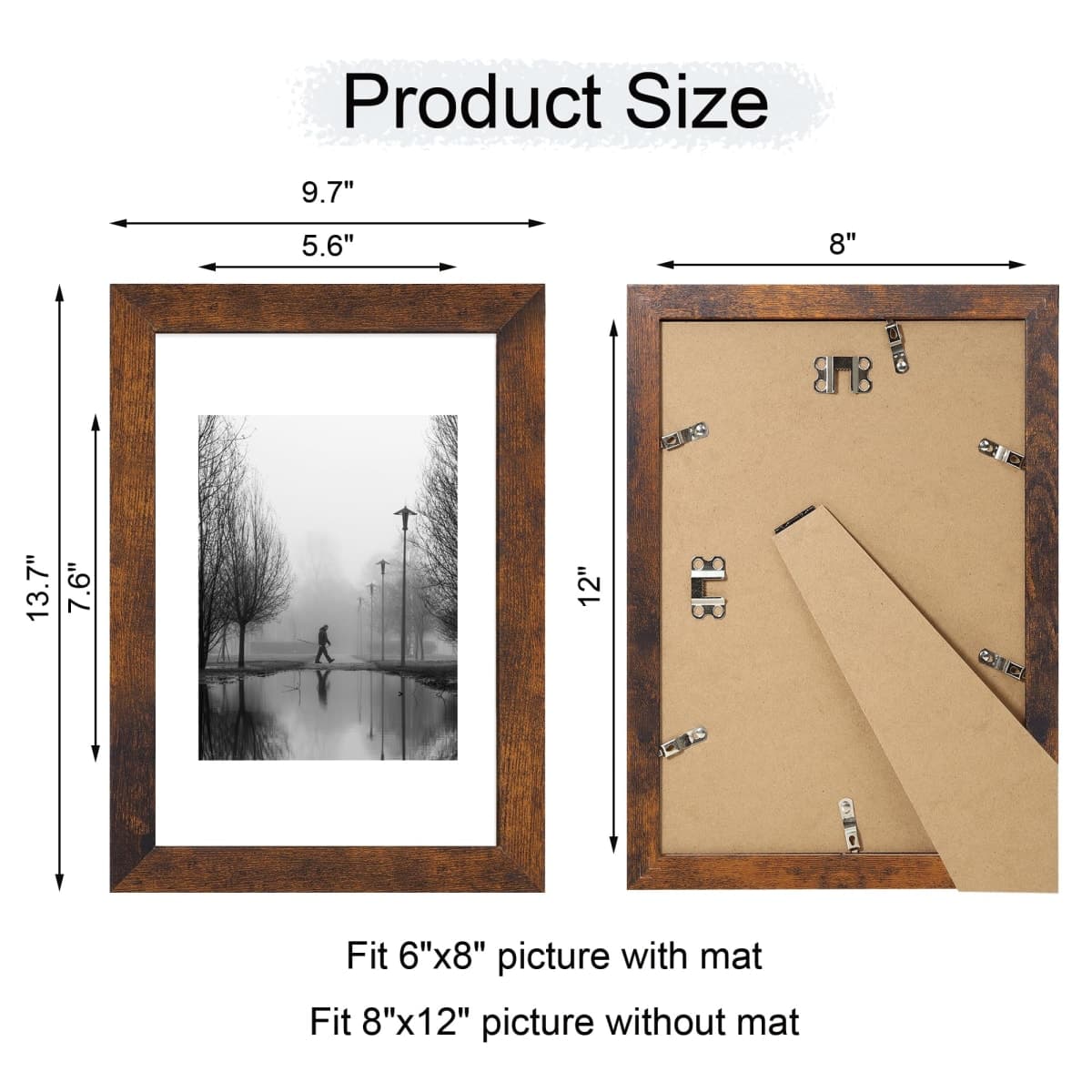 iRahmen 8x12 Picture Frame Set of 4 with High Definition Real Glass, Display 6x8 Pictures with Mat or 8 x 12 Without Mat, Rustic Photo Frames for Tabletop and Wall Mounting thumbnail 4