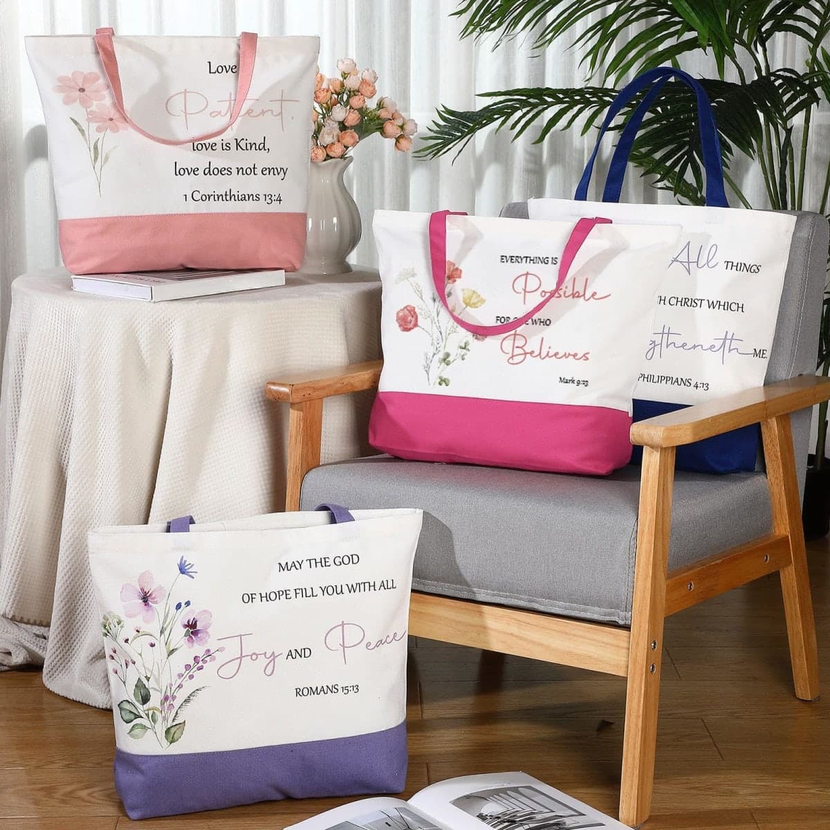 Sunnymove 20 Pcs Christian Gift Bible Tote Bags Christian Makeup Pouches Inspirational Bible Verse Cosmetic Bags with Zipper Christmas Religious Gift Flowers Reusable Grocery Religious Party Supplies thumbnail 3