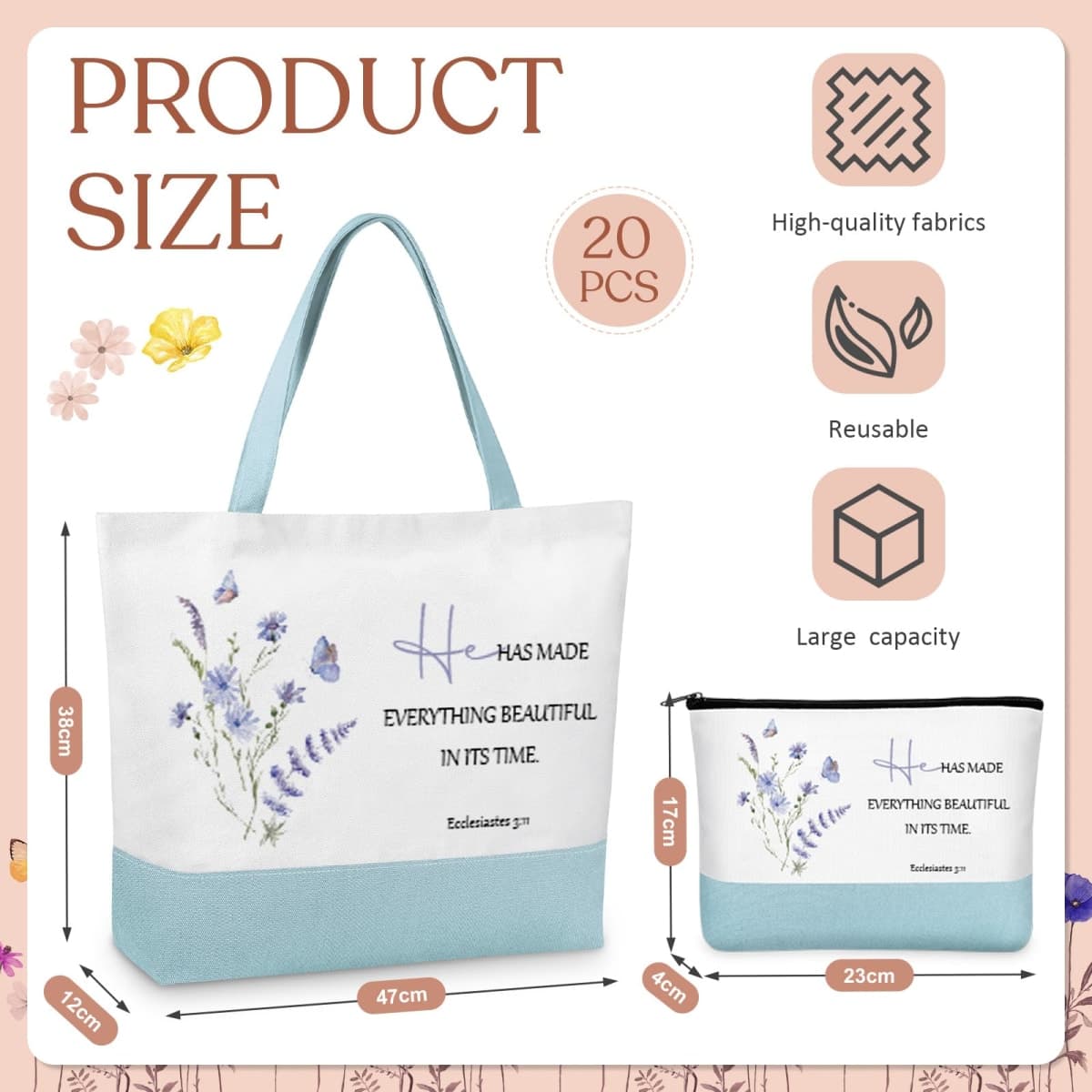 Sunnymove 20 Pcs Christian Gift Bible Tote Bags Christian Makeup Pouches Inspirational Bible Verse Cosmetic Bags with Zipper Christmas Religious Gift Flowers Reusable Grocery Religious Party Supplies thumbnail 4