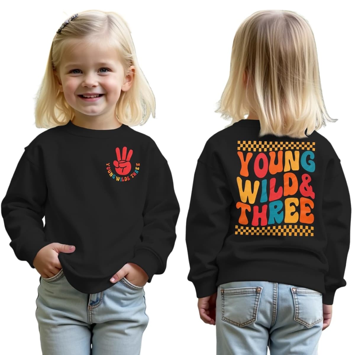 MODNTOGA Young Wild and Three Shirt Toddler Girl Third Birthday Sweatshirt 3rd Birthday Crewneck Outfit 3T B-day Party Tops, Purple, 3T