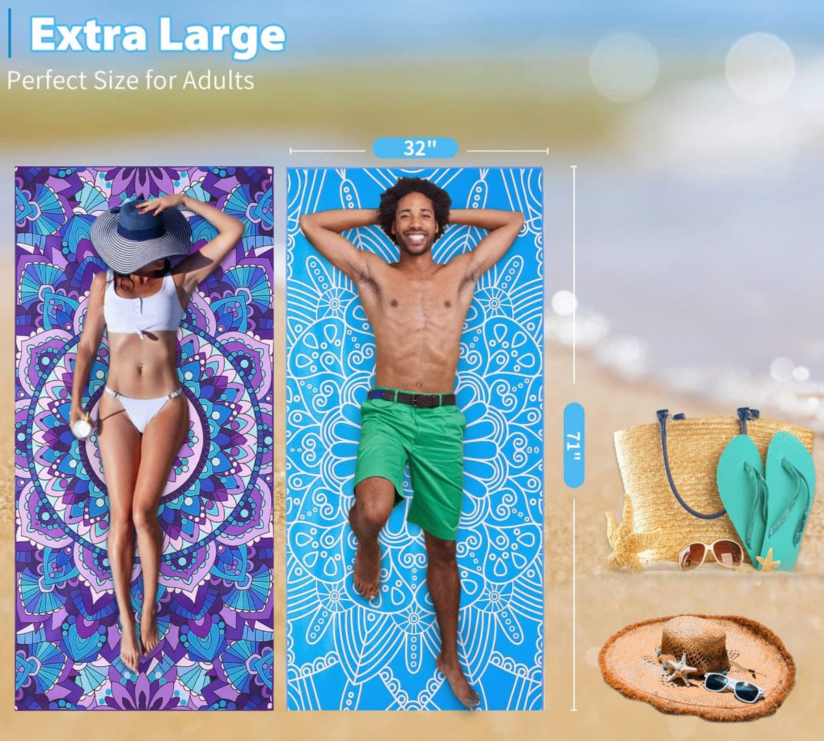 2 Pack Microfiber Lightweight Beach Towel 71"x32" Oversized Extra Large Thin Sand Free Blue Mandala Towels Travel Swim Pool Yoga Gym Camping for Adults Beach Essentials Accessories Vacation Gift thumbnail 3