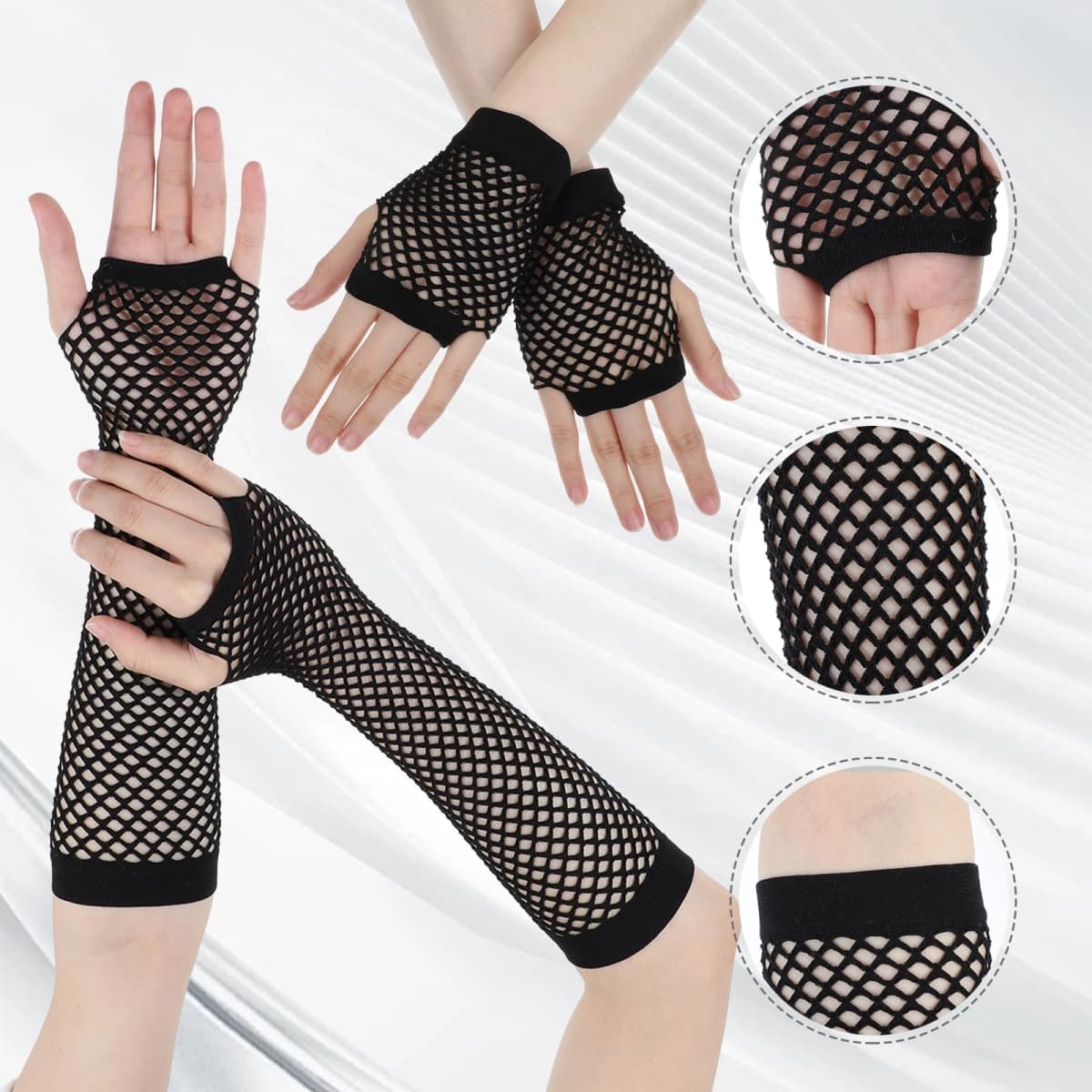 Piriuuo 2 Pairs Fishnet Gloves Fingerless, Elastic Fishnet Gloves Nylon Fishnet Arm Sleeves Long Fishnet Sleeves Short Fish Net Gloves for Women Girls Costume Party (Black) thumbnail 3