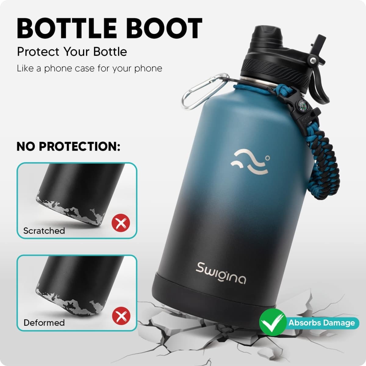 Swigina [2-in-1 LID] 64 oz Insulated Water Bottle with Silicone Boot (48hrs Cold/24hrs Hot) - DIY Stickers, Leakproof, BPA Free, Half Gallon thumbnail 4