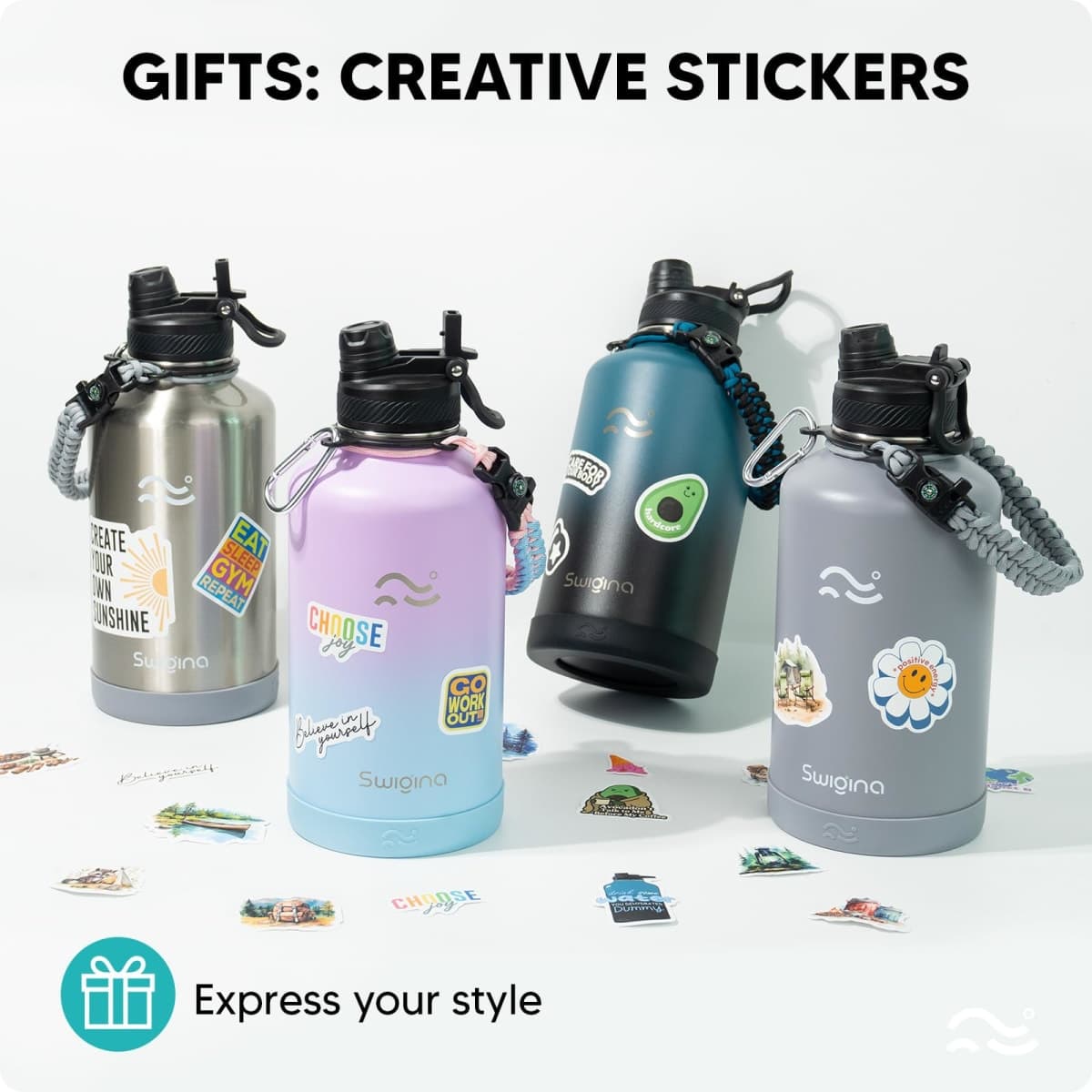 Swigina [2-in-1 LID] 64 oz Insulated Water Bottle with Silicone Boot (48hrs Cold/24hrs Hot) - DIY Stickers, Leakproof, BPA Free, Half Gallon thumbnail 5